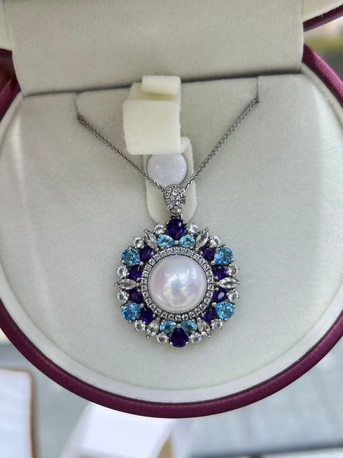 13-14mm White Freshwater Pearls & Colorful CZ Halo Pendant Necklace